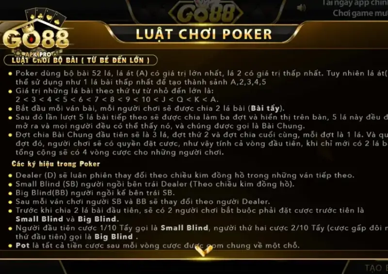 Luật chơi Poker tại Go88