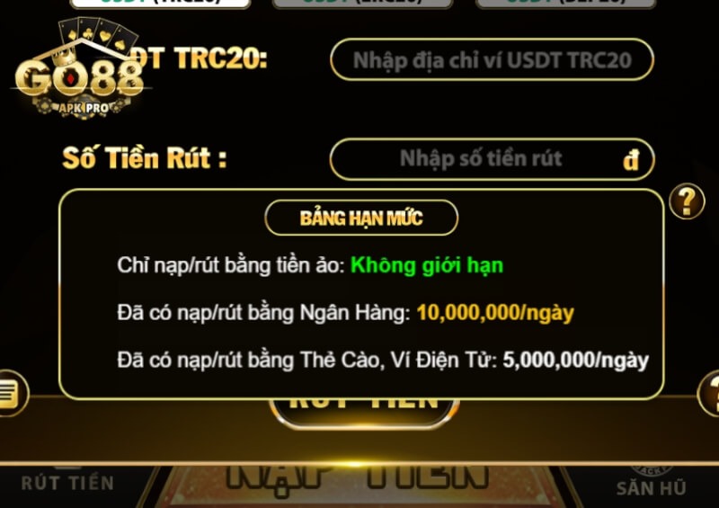 Hạn mức rút tiền tại Go88