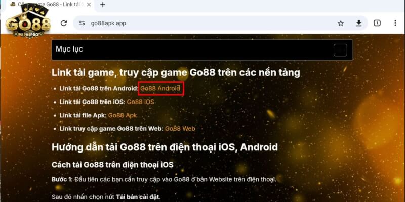 Nhấn vào link tải Go88 Android