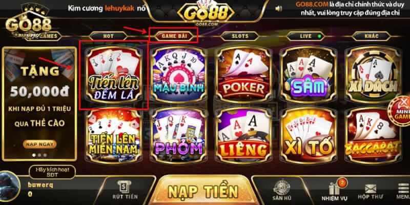 Chọn vào mục GAME BÀI thì sẽ thấy Tiến lên đếm lá