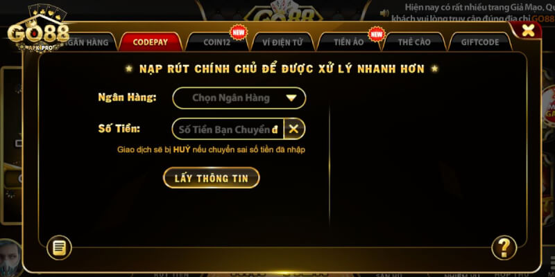 Nạp tiền vào tài khoản Go88