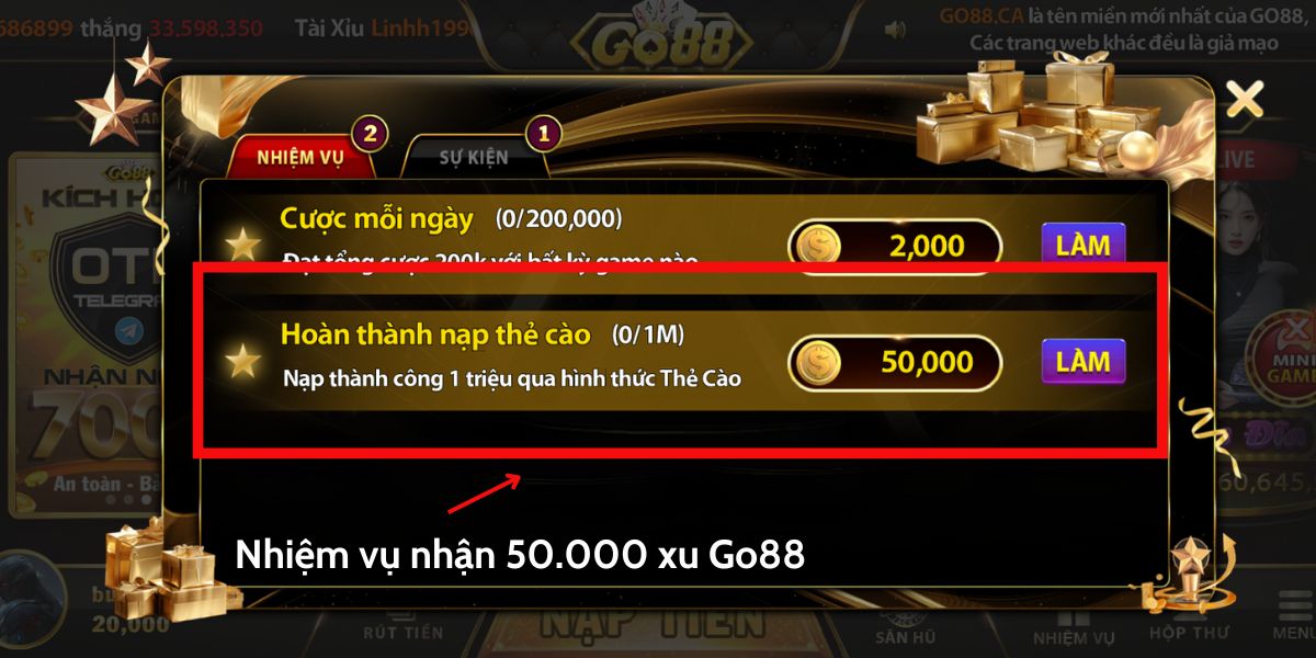 Giao diện nhận 50000 Go88